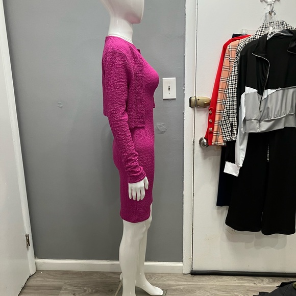 Fuchsia Textured Knit Sheath Dress with Cropped Cardigan - Picture 3 of 8